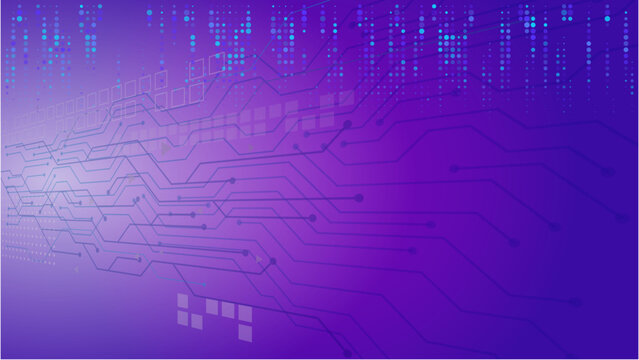 Close-up of a purple circuit board with blue binary code flowing across the top in a futuristic technology background.