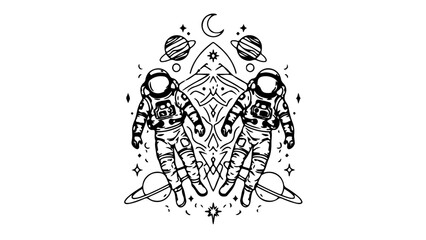 Obraz premium A minimalist vector illustration of two astronauts surrounded by celestial objects and symbols