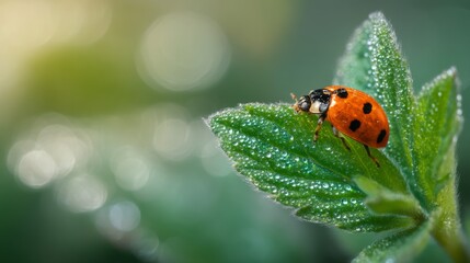 Obraz premium Ladybug Crawling on Young Green Leaf with Morning Dew, Luminous Bokeh Light, Minimal Spring Background, Left-Third Subject with Empty Right Space, Poetic Nature Scene