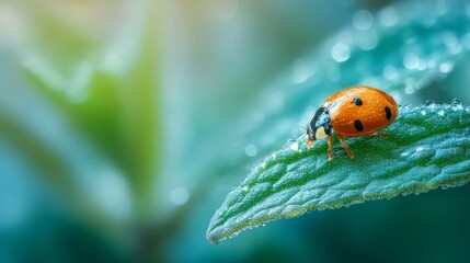 Obraz premium Ladybug Crawling on Young Green Leaf with Morning Dew, Luminous Bokeh Light, Minimal Spring Background, Left-Third Subject with Empty Right Space, Poetic Nature Scene