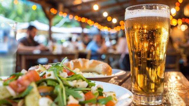 Golden beer glass, salad, and bread on a table, blurred outdoor dining with festive lights