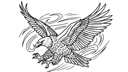 A black and white vector illustration of an eagle in flight with outstretched wings and dynamic motion lines