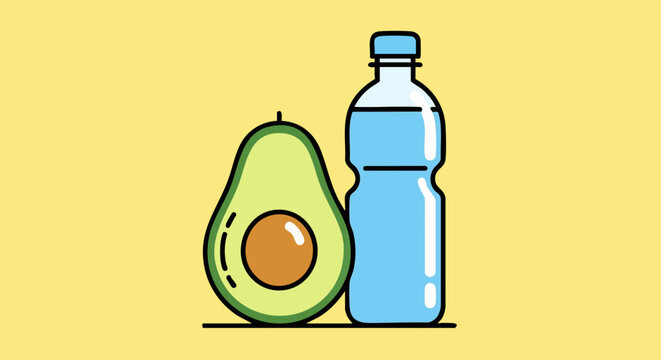 Simple graphic illustration depicting a healthy lifestyle choice featuring a ripe avocado half positioned beside a clear plastic bottle filled with refreshing drinking water against a solid yellow bac