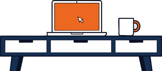 Minimalist illustration depicts a modern low-profile wooden console table holding an open laptop computer with an orange screen beside a simple white coffee mug.