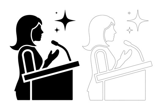 Confident woman speaking at a podium with sparkling stars, representing success and inspiration.