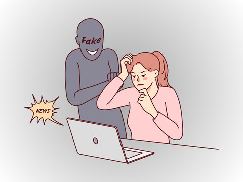 Woman Confused by Fake News with Dark Shadowy Figure Behind Laptop