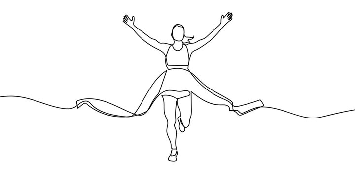 One continuous line drawing: A female runner crosses the finish line. simple linear style Doodle vector illustration Editable stroke.