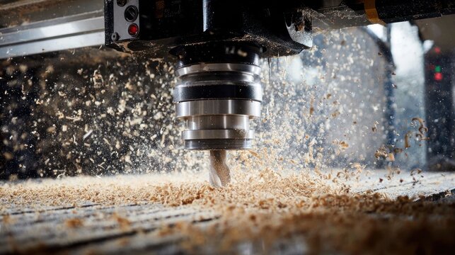 Close Up Milling Machine Spindle Cutting Wood Chips.