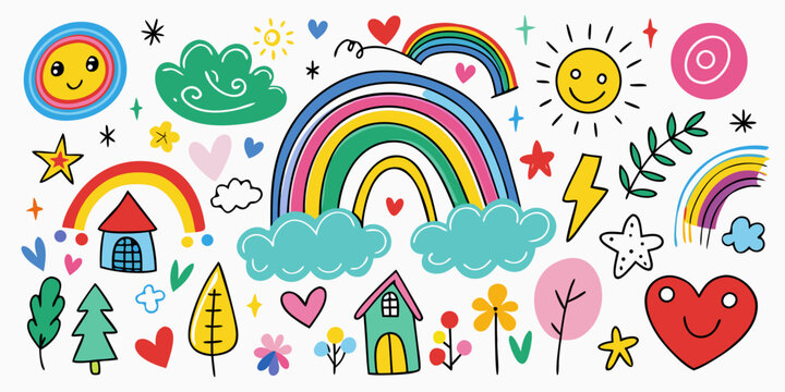 Vibrant and colorful illustrations of various objects and creatures in a playful scene Vector