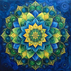 Intricate, detailed mandala in hues of blue, green, and yellow radiating from the center on a swirling blue background