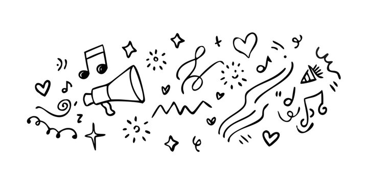 A whimsical illustration of musical notes, hearts, and stars scattered across a white background Vector