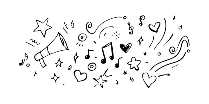 A whimsical illustration of various objects and symbols floating in the air. Vector