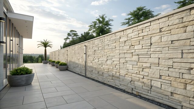 Luxury 3D Exterior Terrance with Stacked Stone Wall