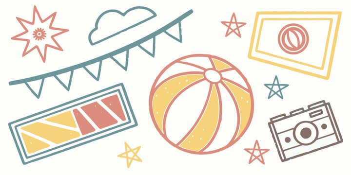 A vibrant illustration of various summer items and activities, including a beach ball, sunglasses, and an ice cream cone. Vector