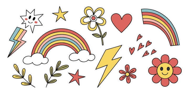 A vibrant and colorful collection of various shapes and objects floating in the sky Vector
