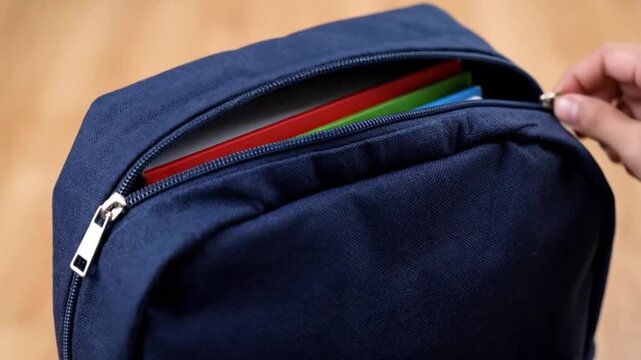Backpack being zipped up with books inside
