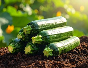 Zucchinis sit piled high on dark soil, basking in sunlight with green foliage in soft focus as the backdrop