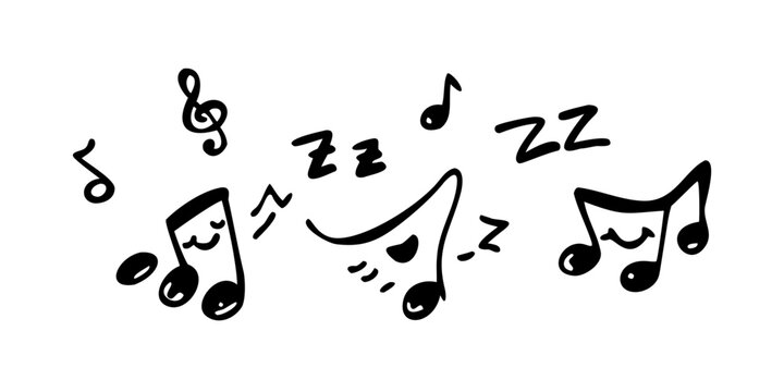Four musical notes dancing in a line with various musical symbols on them. Vector