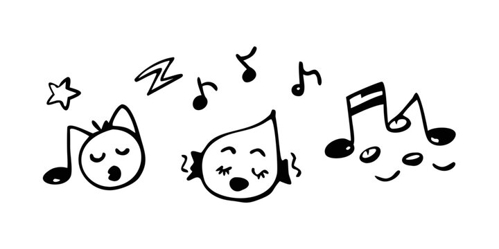 Three cartoon characters singing with musical notes and stars around them Vector
