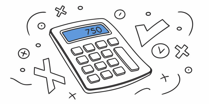 A calculator surrounded by various mathematical symbols and operations Vector