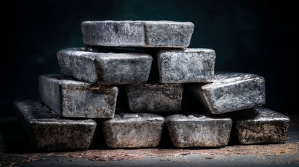 Stack of Heavy Metallic Ingots Illuminated Against a Dark Background, Highlighting Textured Surfaces and Unique Shapes of Each Piece
