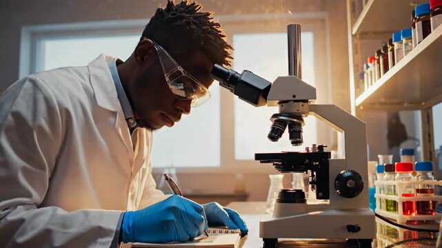 Researcher examines slide under microscope, wearing white coat, safety glasses and blue gloves workstation lined with reagent bottles and vials warm window light casts focused atmosphere