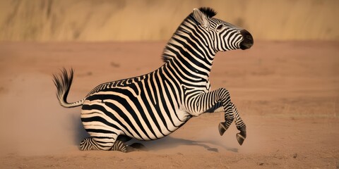 Naklejka premium Wild zebra running in dusty African savanna dynamic wildlife action shot in golden sunset light with motion and energy