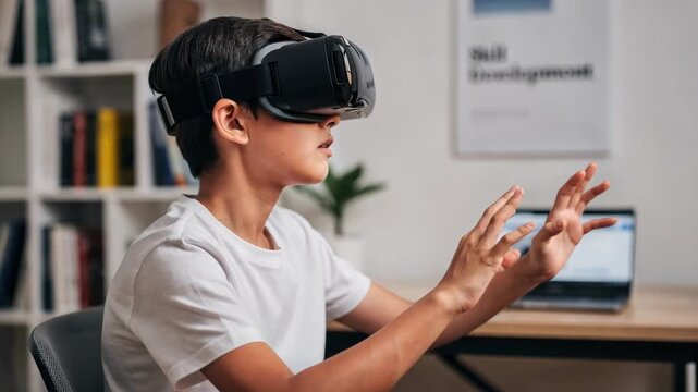 Teen using VR gear engaged in a simulated job interview facial expressions sharp while background remains blurred to emphasize focused skill development.