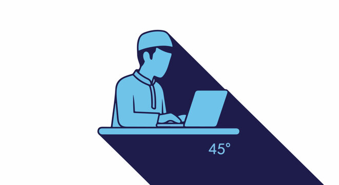 Muslim man wearing kufi hat working on laptop computer with 45 degree shadow, illustration