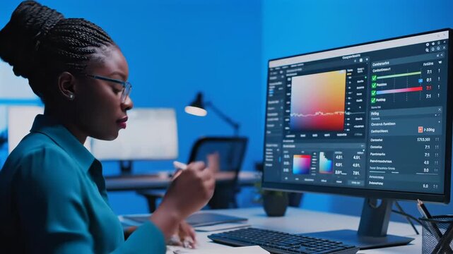 Creative professional finetuning color palettes and user interface elements, Artist modifying color samples and interface controls on highresolution display in creative environment