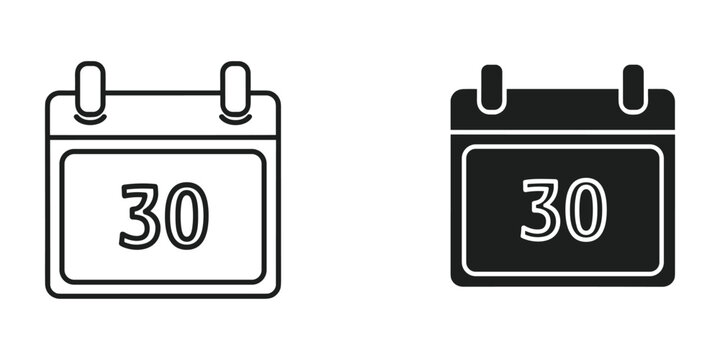 This image displays two calendar icons one in a line art style and the other filled in black both showing the date 30 high quality professional