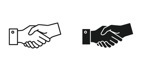 A simple black and white illustration depicts two hands engaged in a handshake symbolizing agreement partnership or greeting high quality professional detailed modern elegant stylish clean © OrchiDesign