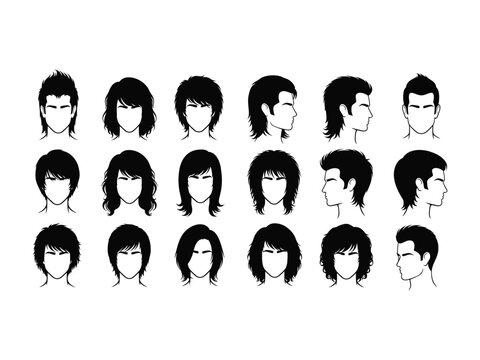 Collection of diverse hairstyles for men and women, from modern to retro, for beauty and fashion design.