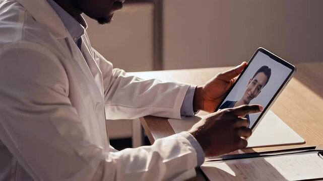 black doctor conducting video consultation on tablet with patient portrait, white coat, medical notes and calm clinic light, attentive remote diagnosis and professional care setting