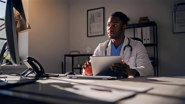 doctor reviewing patient files at desk in private office, tablet in hands with sunlight through window, shelves of files and certificates in background, focused professional preparing notes
