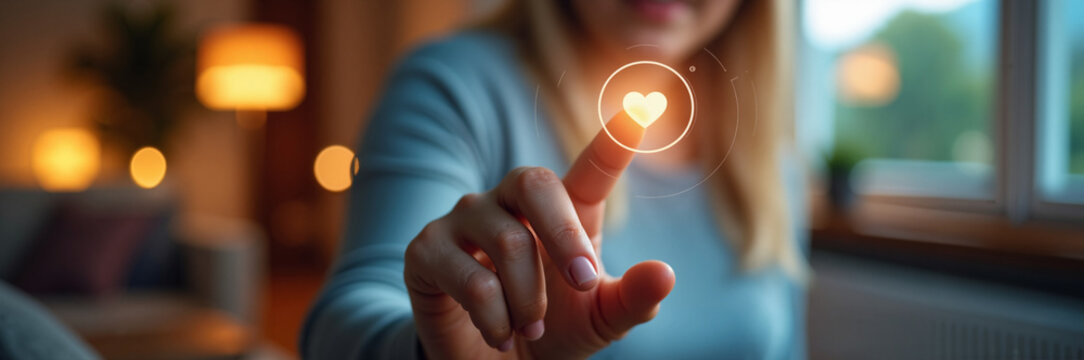 Woman touching glowing heart symbol with finger in cozy living room, showing technology interaction and emotional connection. This heart symbol represents love and affection in digital context.