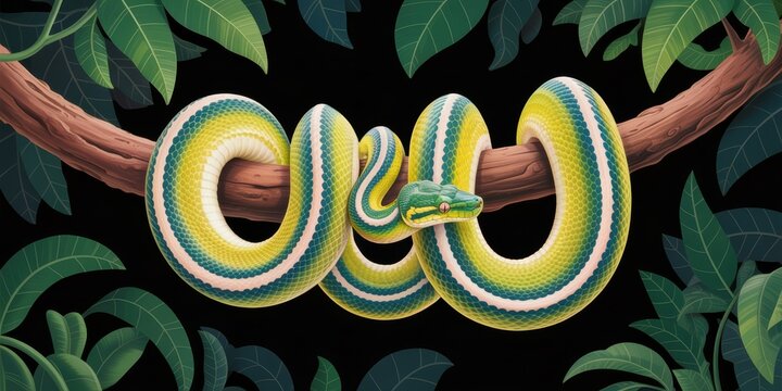 Colorful jungle snake coiled on tree branch vibrant tropical forest foliage exotic wildlife illustration for nature design