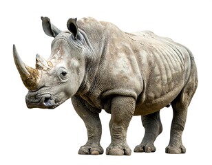 Fototapeta premium Isolated, weathered rhinoceros with a large horn stands against a clean, bright white background
