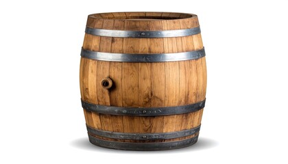Obraz premium Isolated wooden barrel with metal hoops against a white background