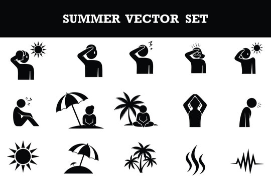 Summer vector icon set featuring heatwave and sunstroke illustrations with people sweating and relaxing under sun