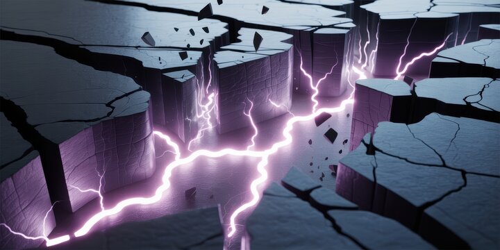 Glowing purple energy crack in dark cracked ground dramatic abstract fracture background for power destruction and earthquake concept art