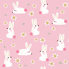 Obraz premium Cute bunnies seamless pattern and pink background. Childish print. Vector hand drawn illustration.