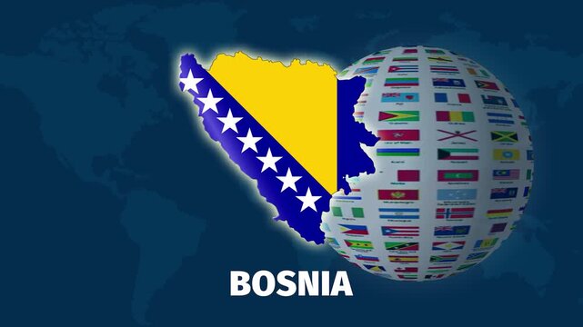 Bosnia border map zoom in animation with blue background