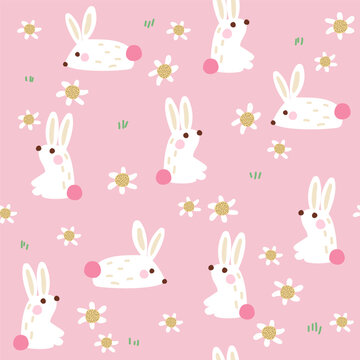 Cute bunnies seamless pattern and pink background. Childish print. Vector hand drawn illustration.