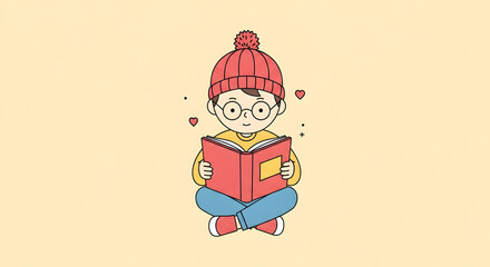 Naklejka premium Cute Child Reading Book Wearing Red Knit Hat with Heart and Sparkles on Light Background
