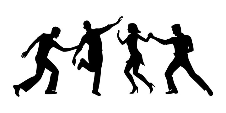 Silhouettes of people dancing in a line with arms raised and legs bent. Vector