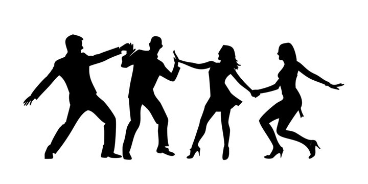 Five silhouetted figures dancing together in a line, showcasing various dance styles. Vector
