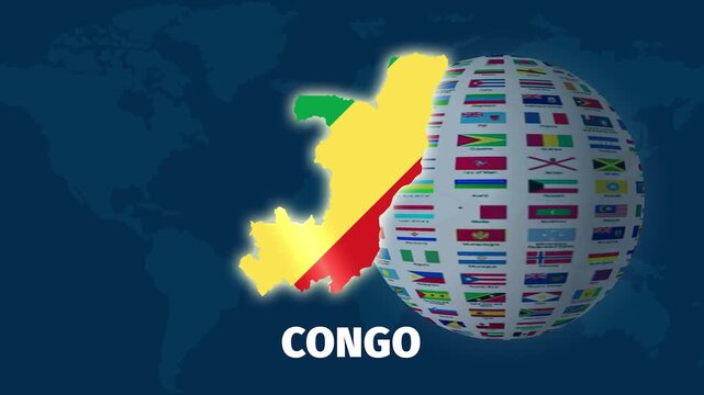 Congo Map Animation, Rotating Flag Globe with Blue Background