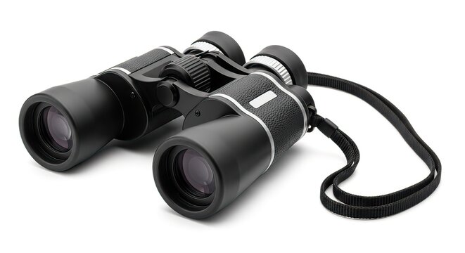 High-quality black binoculars with a strap for long-distance observation and outdoor exploration, isolated on a clean white background, essential equipment for adventurers