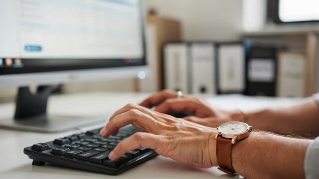 Volunteer entering data on a desktop computer with sharp focus on hands typing while the background remains softly blurred highlighting secure recordkeeping.